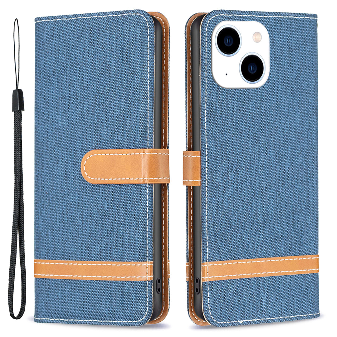 Uniqkart for iPhone 15 Jeans Cloth Splicing PU Leather + TPU Phone Case Wallet Stand Anti-scratch Cover - Navy Blue Uniqkart for iPhone 15 Jeans Cloth Splicing PU Leather + TPU Phone Case Wallet Stand Anti-scratch Cover - Navy Blue